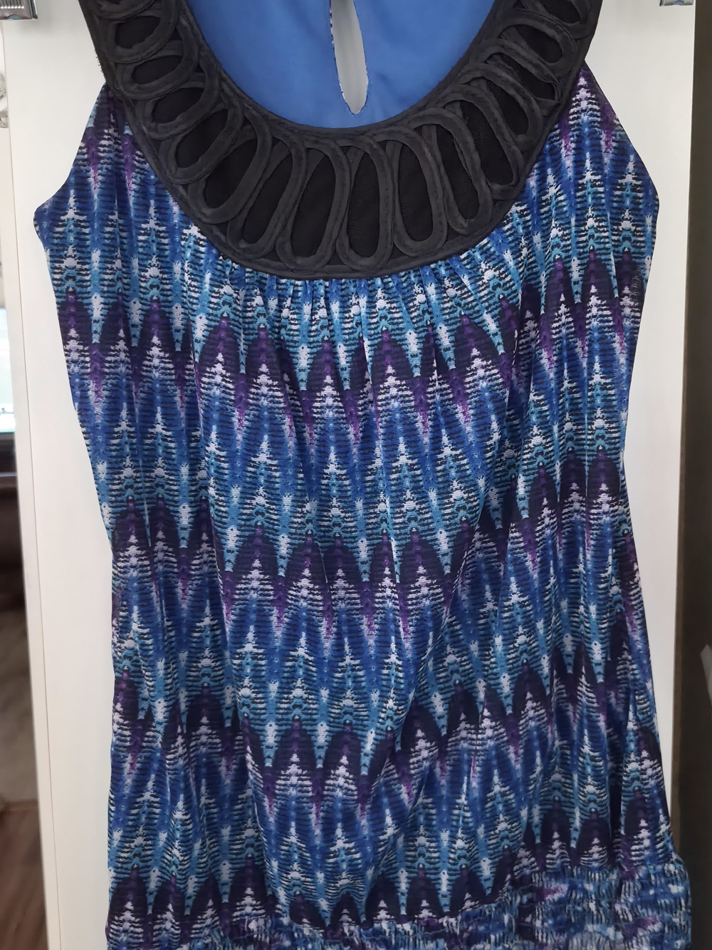 Maurices Blue and Purple Printed Sleeveless Blouse with Black Trim